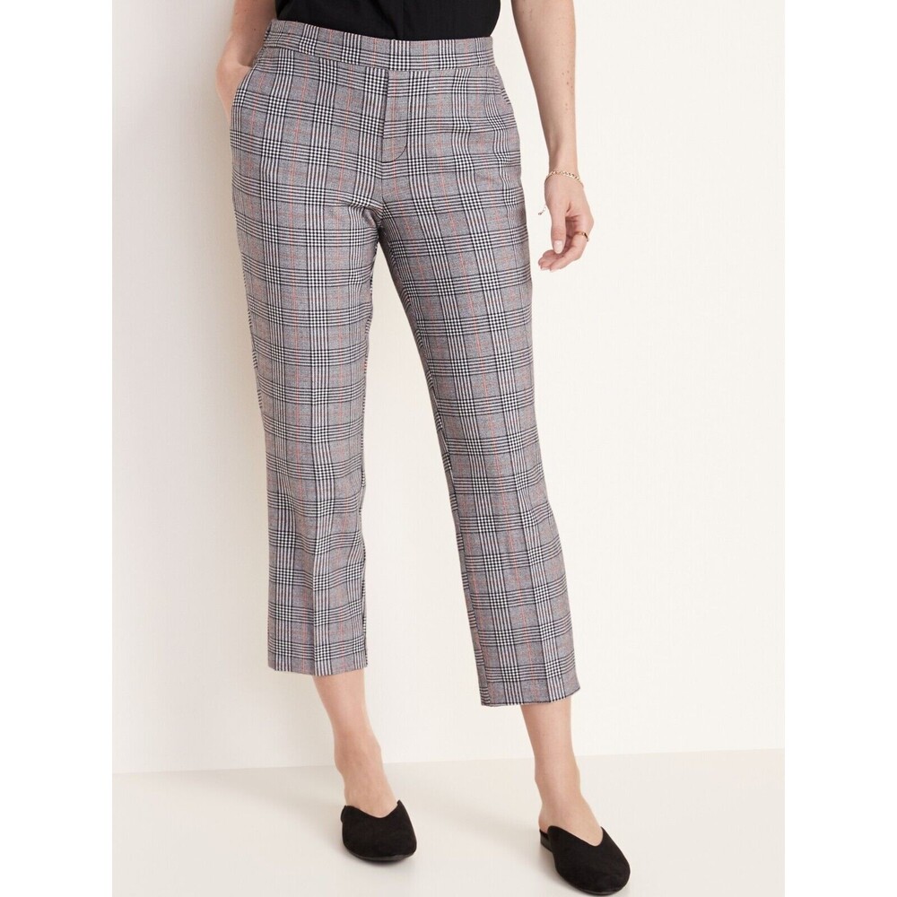 Old Navy Pull-On Straight Cropped Pants Womens 16 Black Pink Plaid Soft NEW